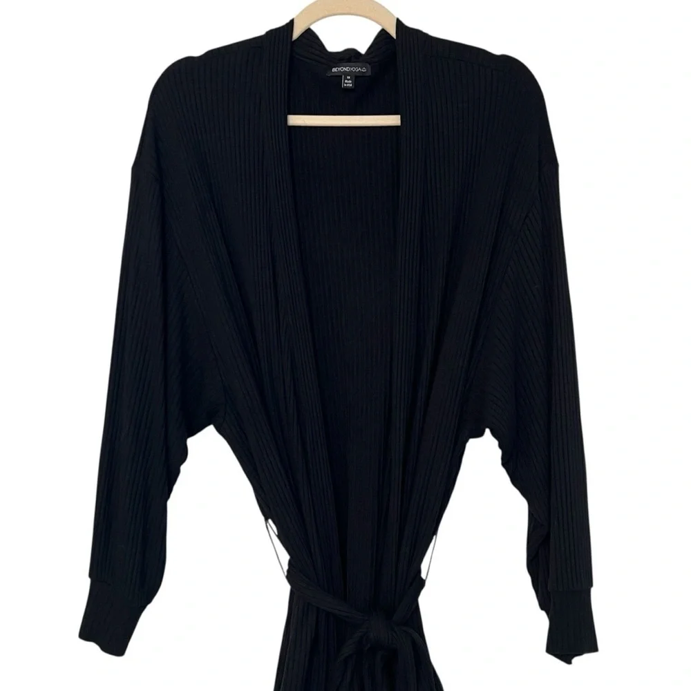 Beyond Yoga Coffee Run Ribbed Tie Waist Cardigan Black 1X Casual Lounge Cozy
